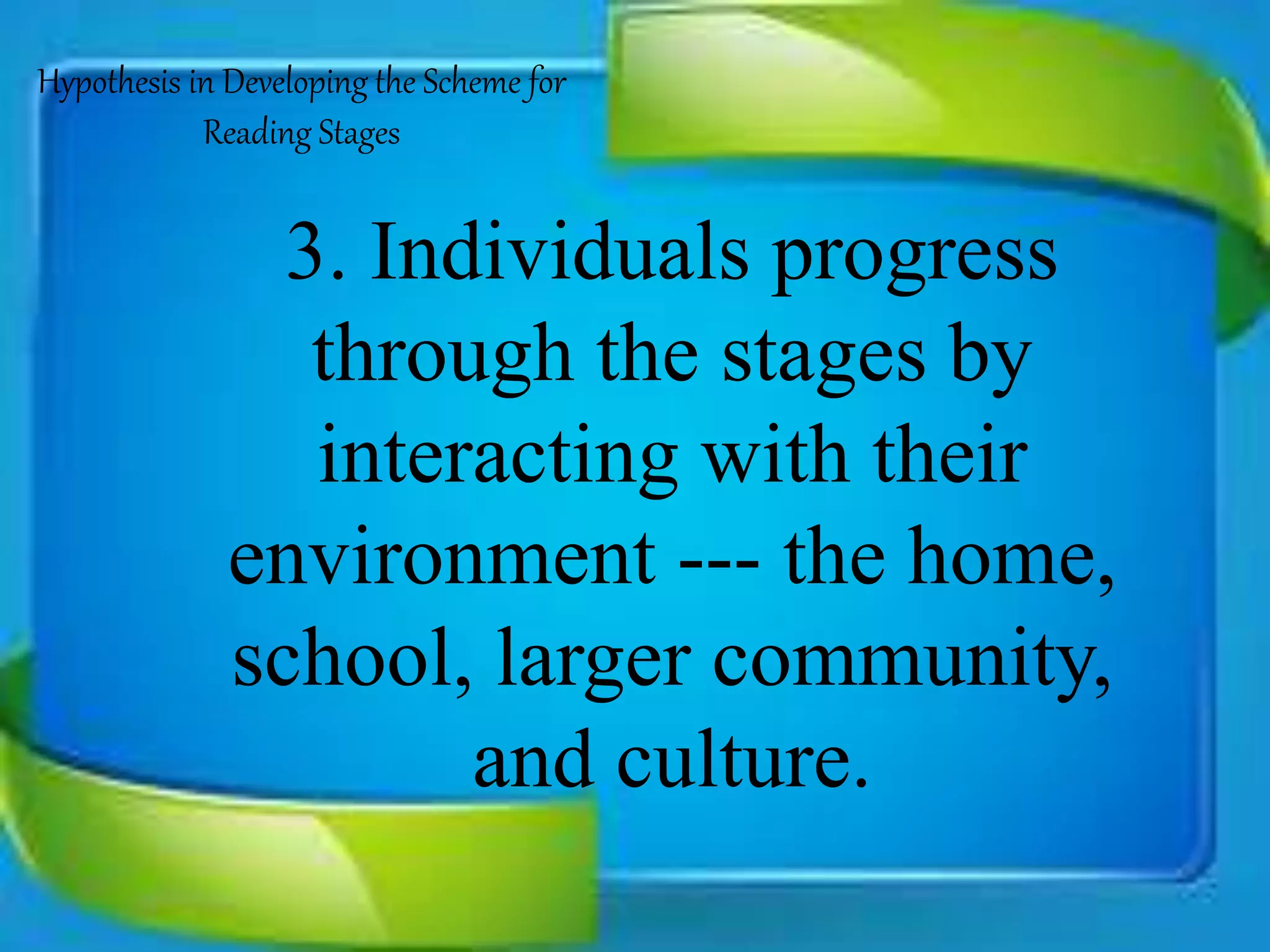 3. Individuals progress
through the stages by
interacting with their
environment --- the home,
school, larger community,
and culture.
Hypothesis in Developing the Scheme for
Reading Stages
 