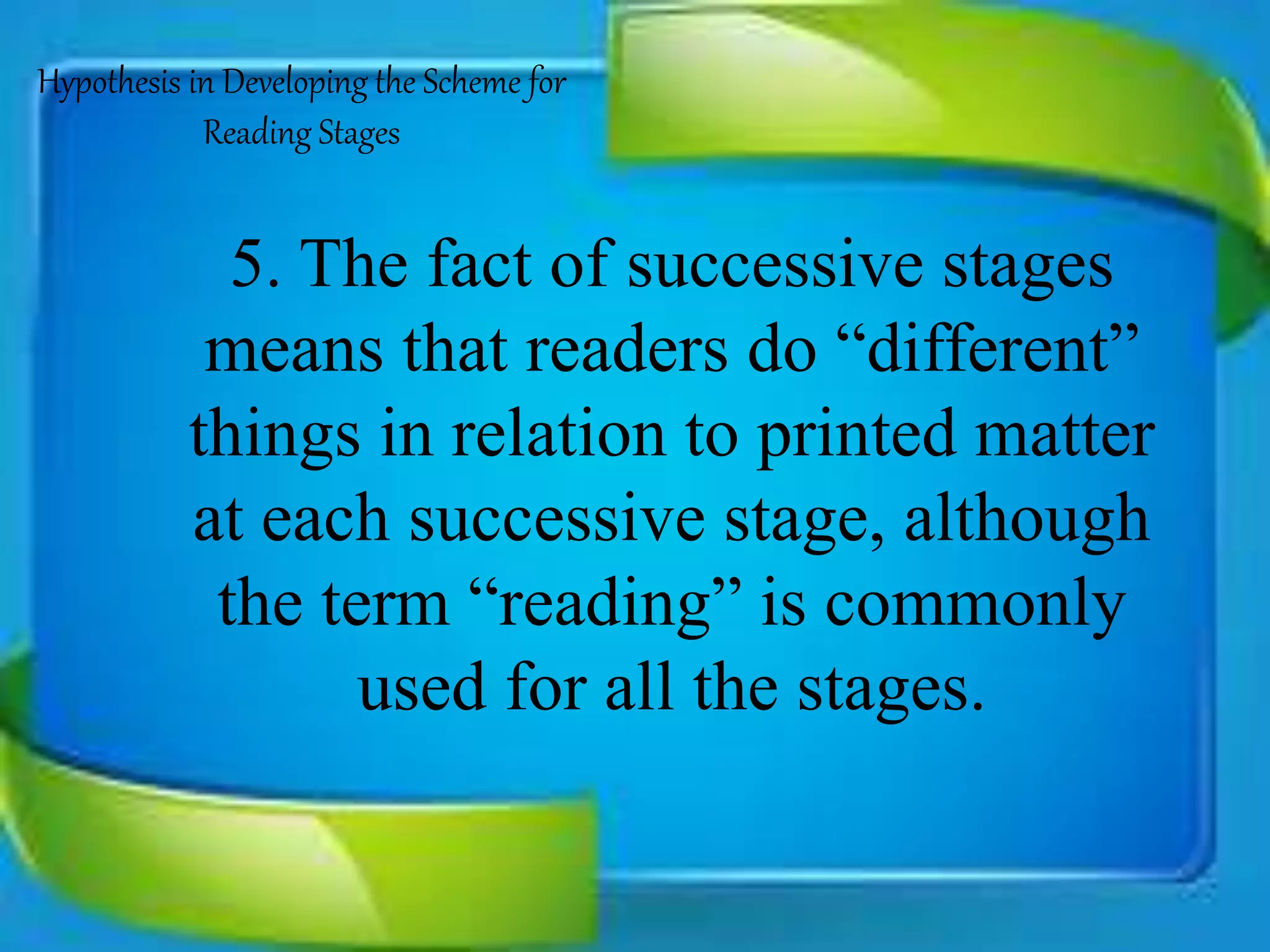 5. The fact of successive stages
means that readers do “different”
things in relation to printed matter
at each successive stage, although
the term “reading” is commonly
used for all the stages.
Hypothesis in Developing the Scheme for
Reading Stages
 
