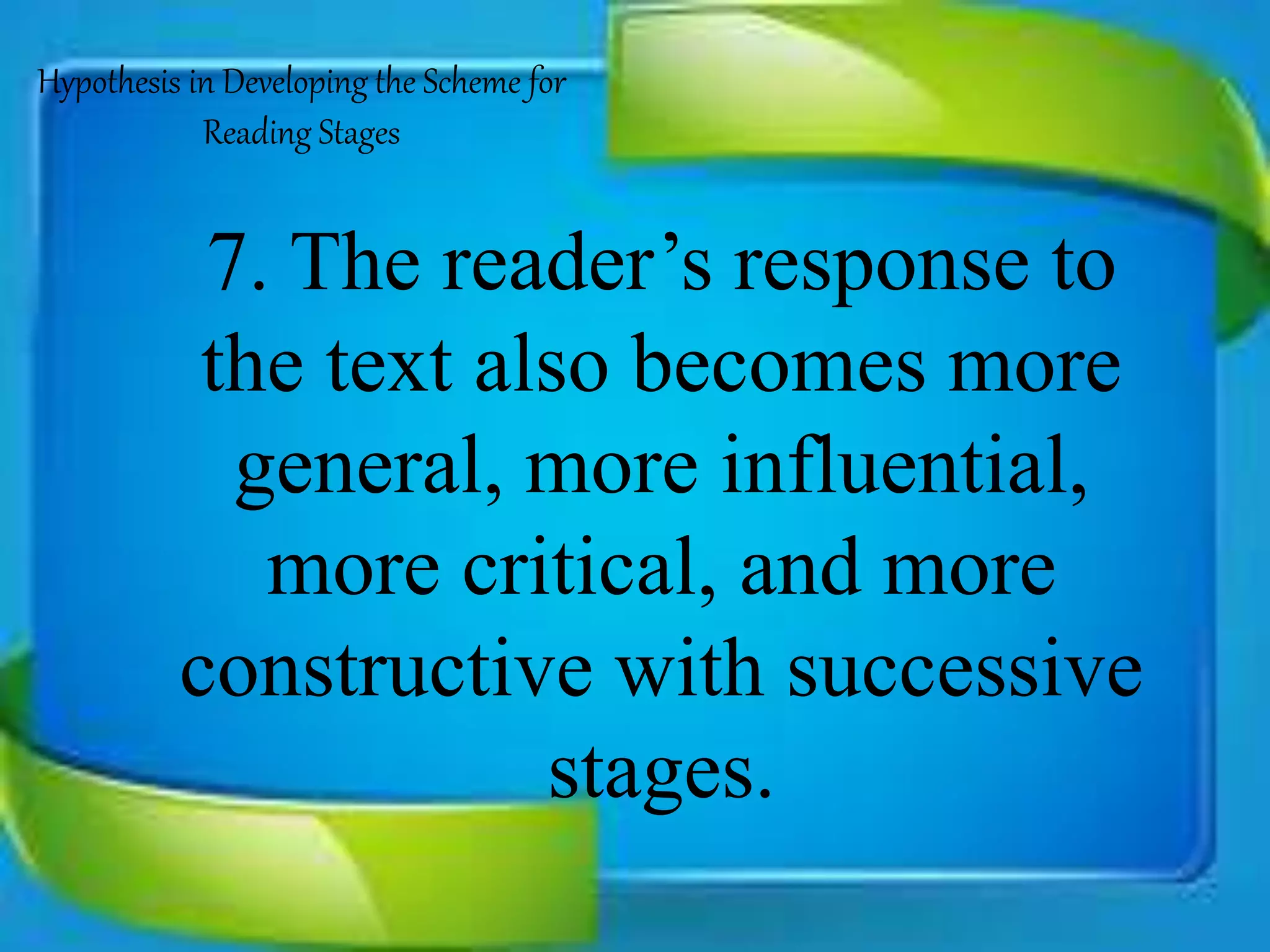 7. The reader’s response to
the text also becomes more
general, more influential,
more critical, and more
constructive with successive
stages.
Hypothesis in Developing the Scheme for
Reading Stages
 