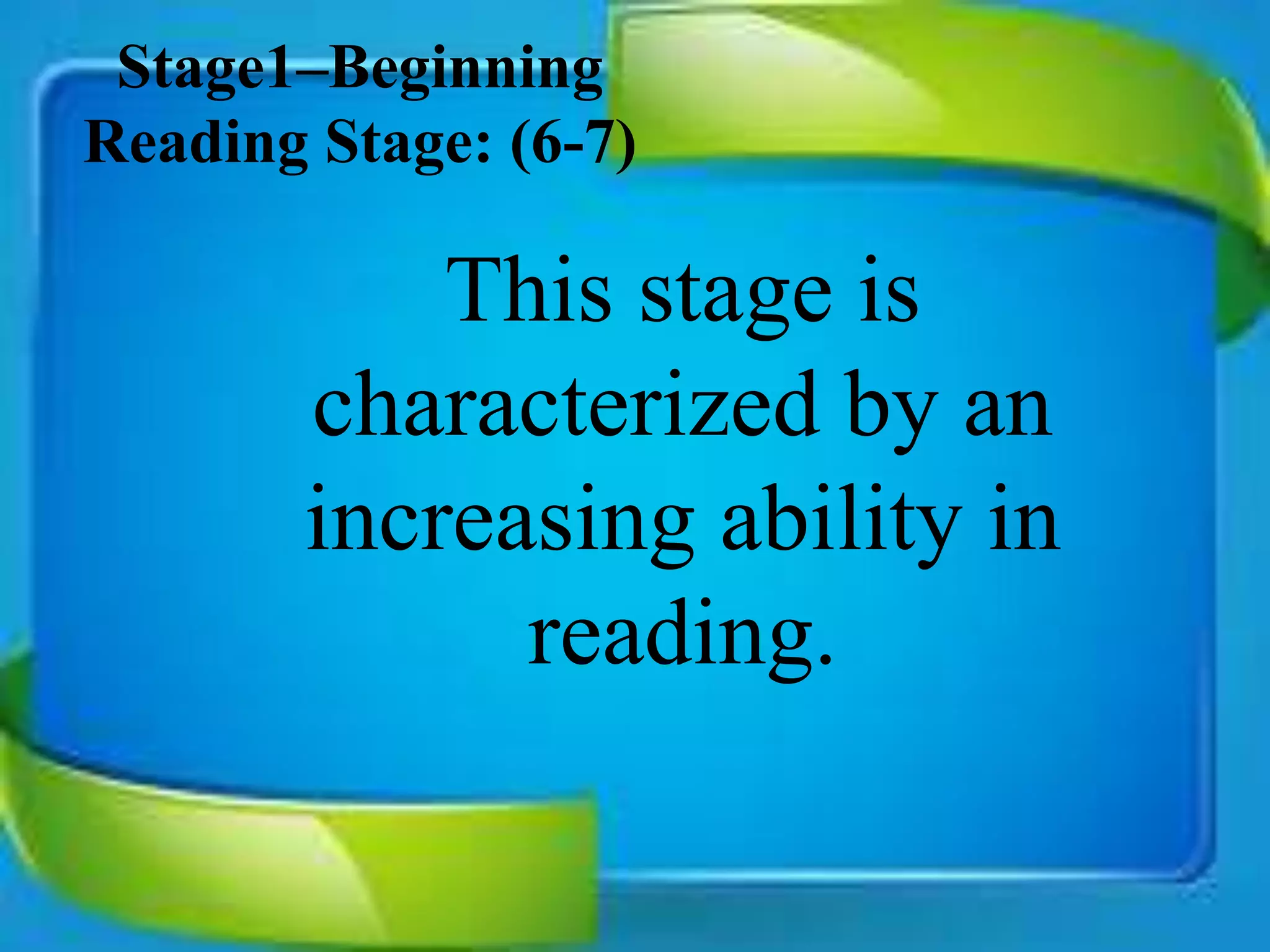 Stage1–Beginning
Reading Stage: (6-7)
This stage is
characterized by an
increasing ability in
reading.
 