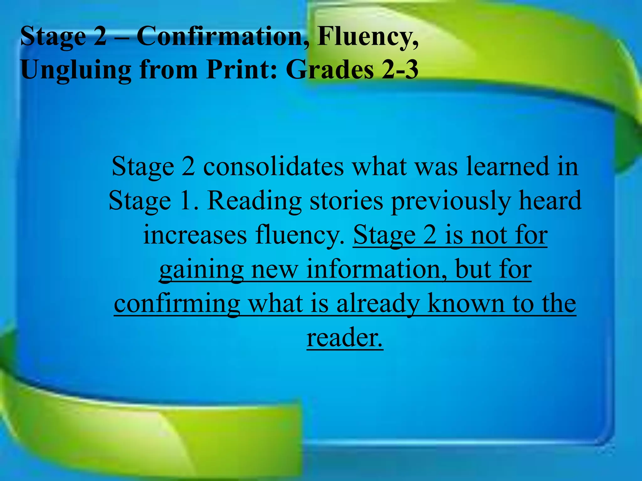 Stage 2 – Confirmation, Fluency,
Ungluing from Print: Grades 2-3
Stage 2 consolidates what was learned in
Stage 1. Reading stories previously heard
increases fluency. Stage 2 is not for
gaining new information, but for
confirming what is already known to the
reader.
 