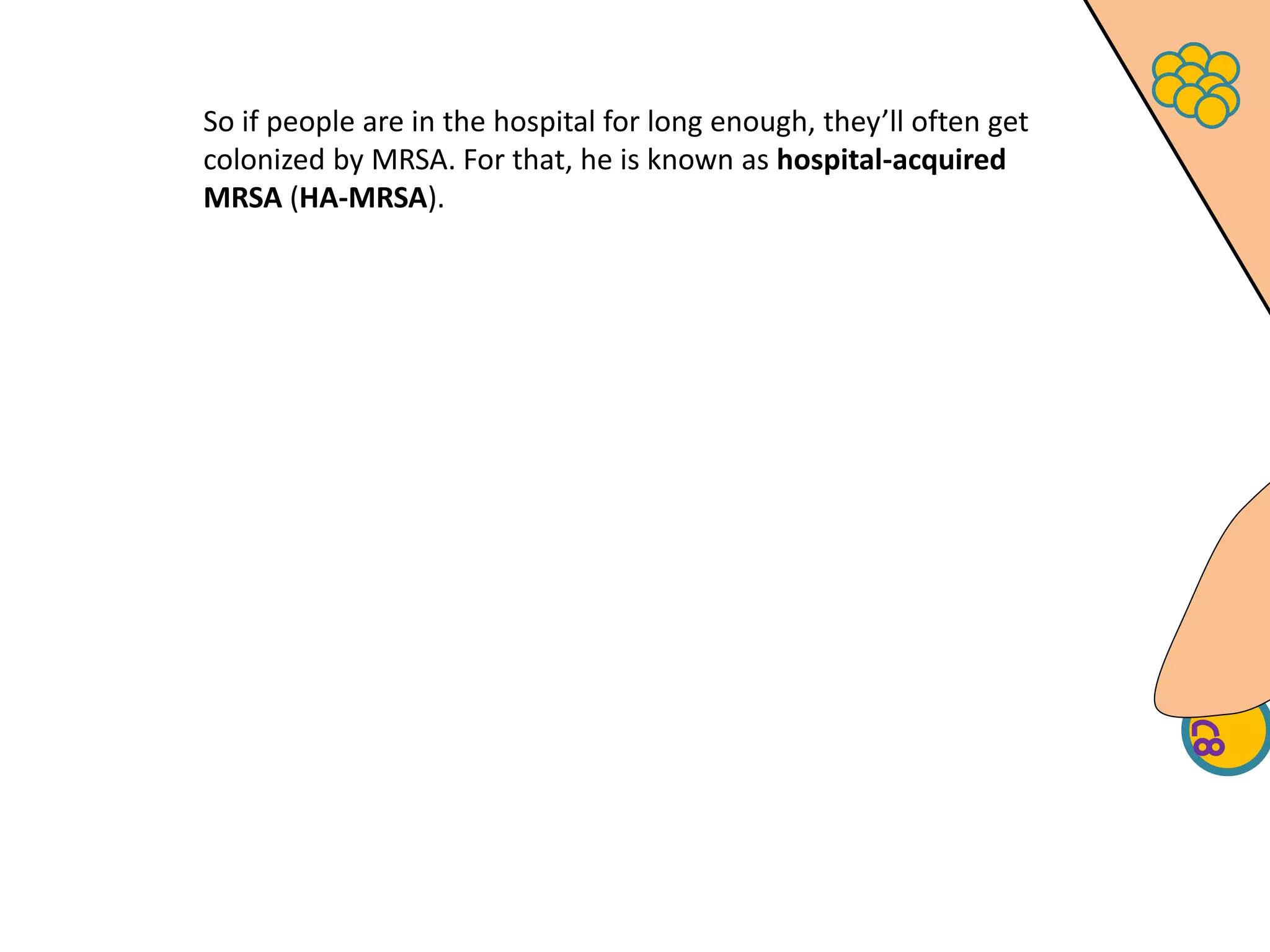 So if people are in the hospital for long enough, they’ll often get
colonized by MRSA. For that, he is known as hospital-acquired
MRSA (HA-MRSA).
 