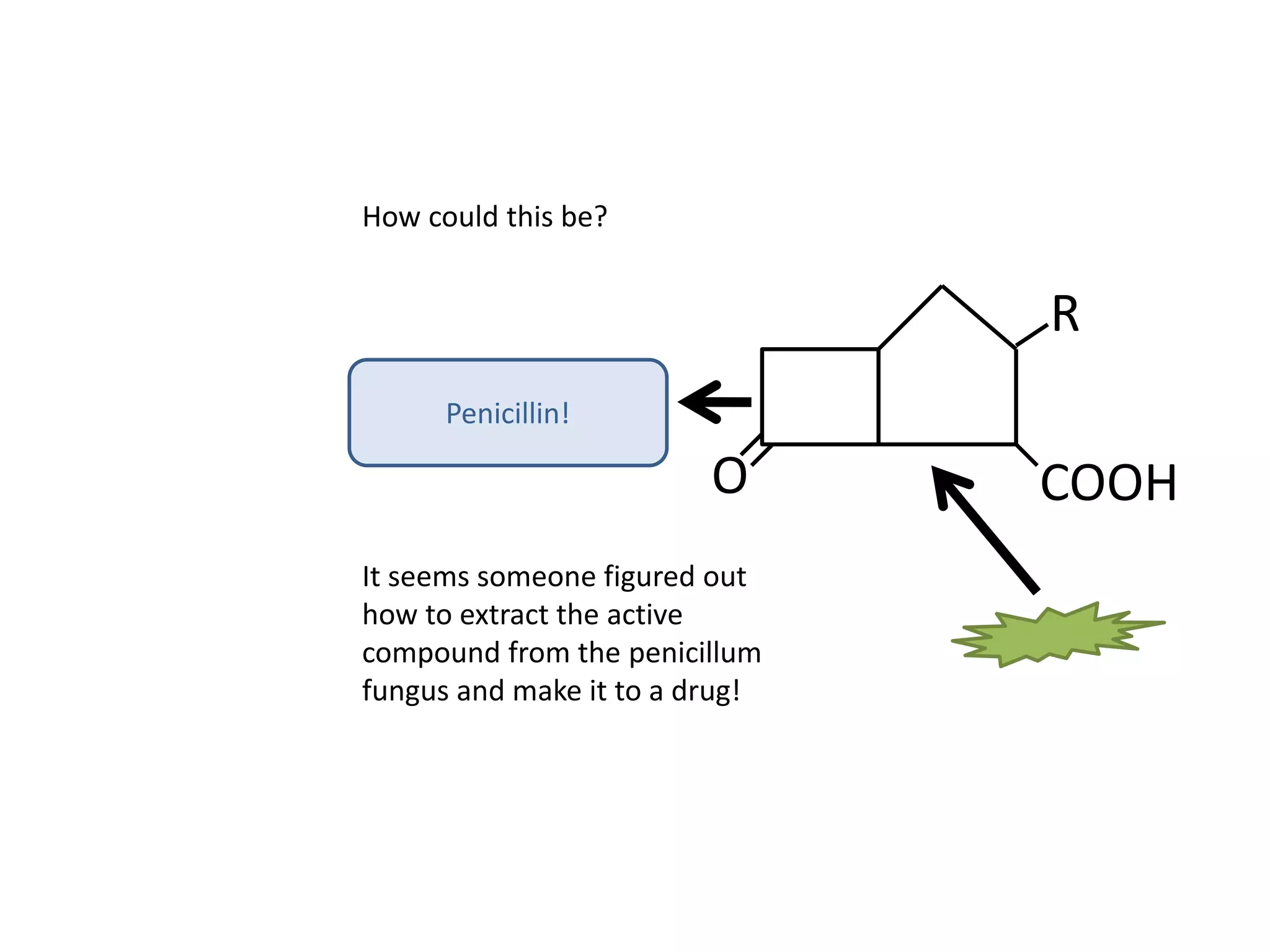 Penicillin!
How could this be?
It seems someone figured out
how to extract the active
compound from the penicillum
fungus and make it to a drug!
O COOH
R
 