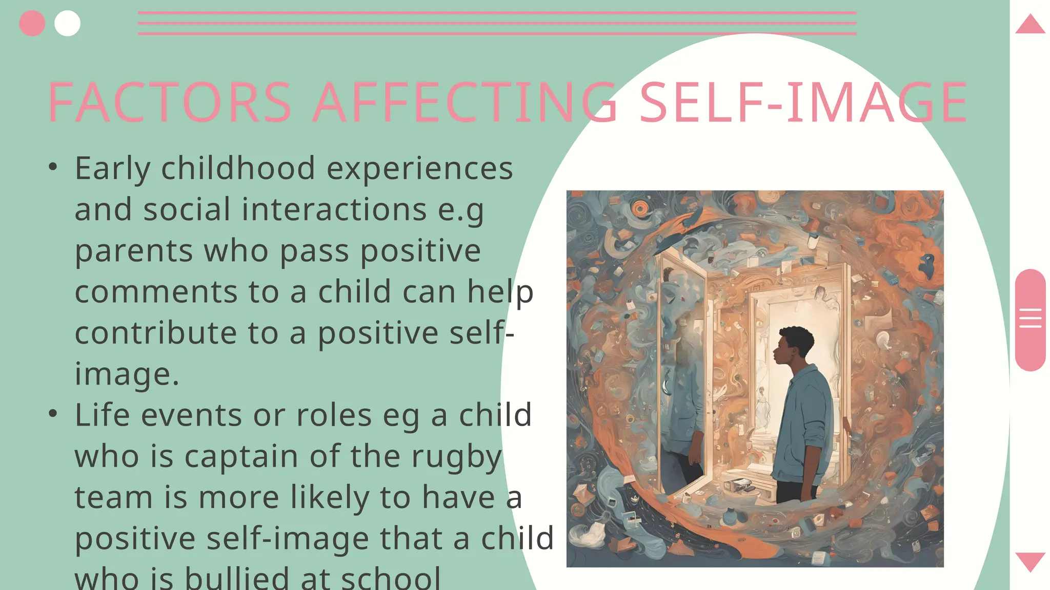 FACTORS AFFECTING SELF-IMAGE
• Early childhood experiences
and social interactions e.g
parents who pass positive
comments to a child can help
contribute to a positive self-
image.
• Life events or roles eg a child
who is captain of the rugby
team is more likely to have a
positive self-image that a child
 