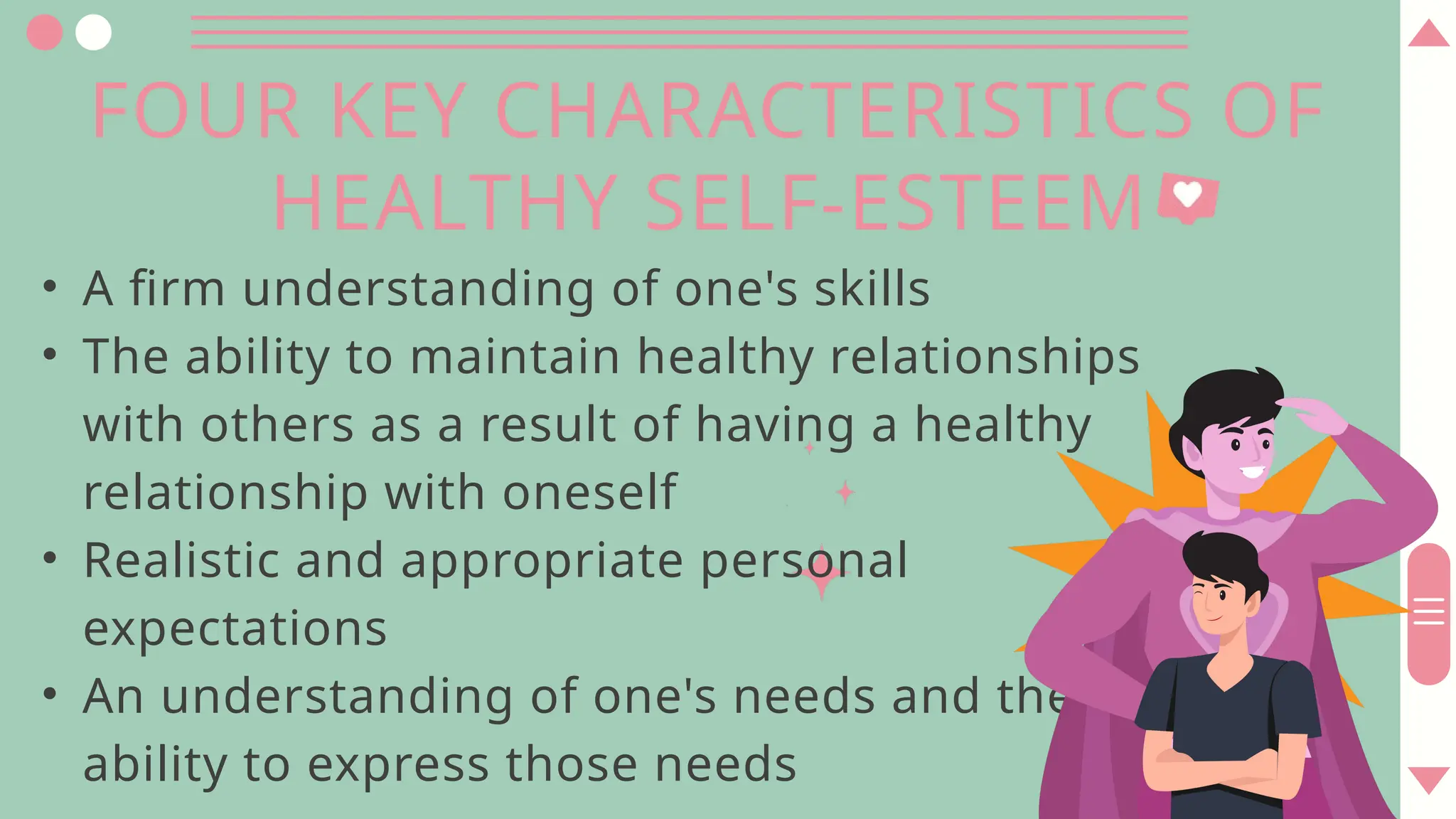 • A firm understanding of one's skills
• The ability to maintain healthy relationships
with others as a result of having a healthy
relationship with oneself
• Realistic and appropriate personal
expectations
• An understanding of one's needs and the
ability to express those needs
FOUR KEY CHARACTERISTICS OF
HEALTHY SELF-ESTEEM
 