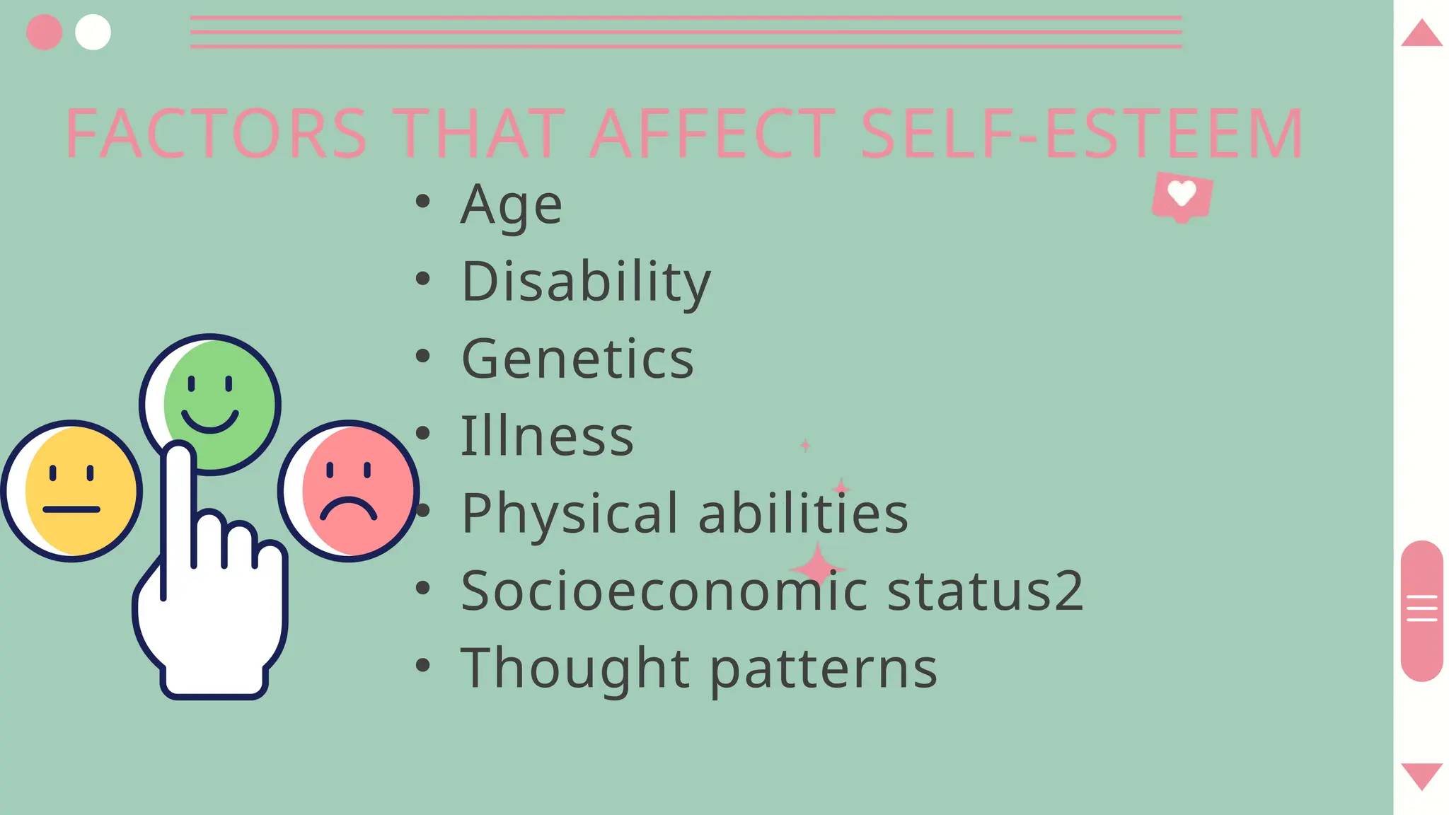 FACTORS THAT AFFECT SELF-ESTEEM
• Age
• Disability
• Genetics
• Illness
• Physical abilities
• Socioeconomic status2
• Thought patterns
 