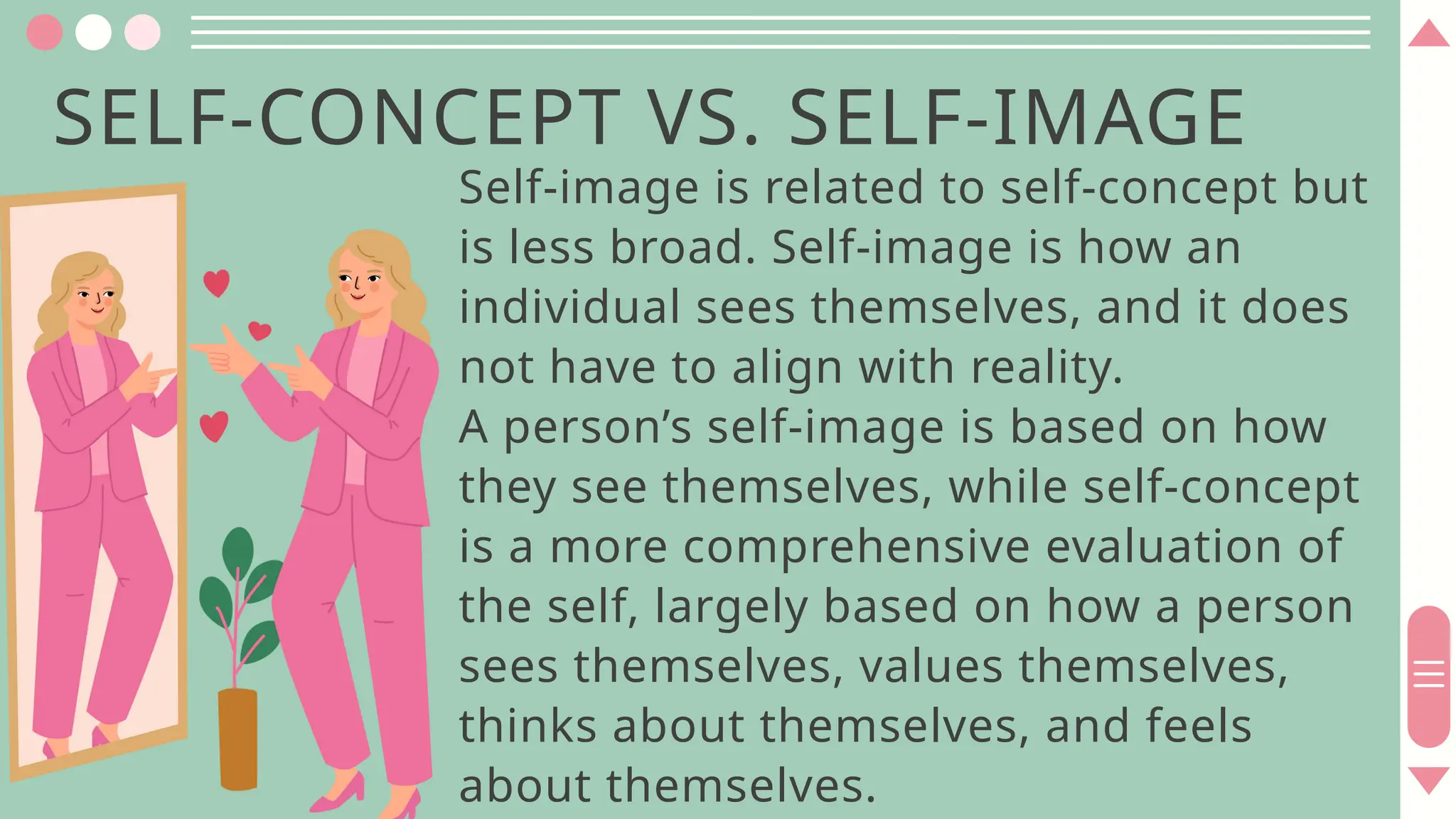 SELF-CONCEPT VS. SELF-IMAGE
Self-image is related to self-concept but
is less broad. Self-image is how an
individual sees themselves, and it does
not have to align with reality.
A person’s self-image is based on how
they see themselves, while self-concept
is a more comprehensive evaluation of
the self, largely based on how a person
sees themselves, values themselves,
thinks about themselves, and feels
about themselves.
 