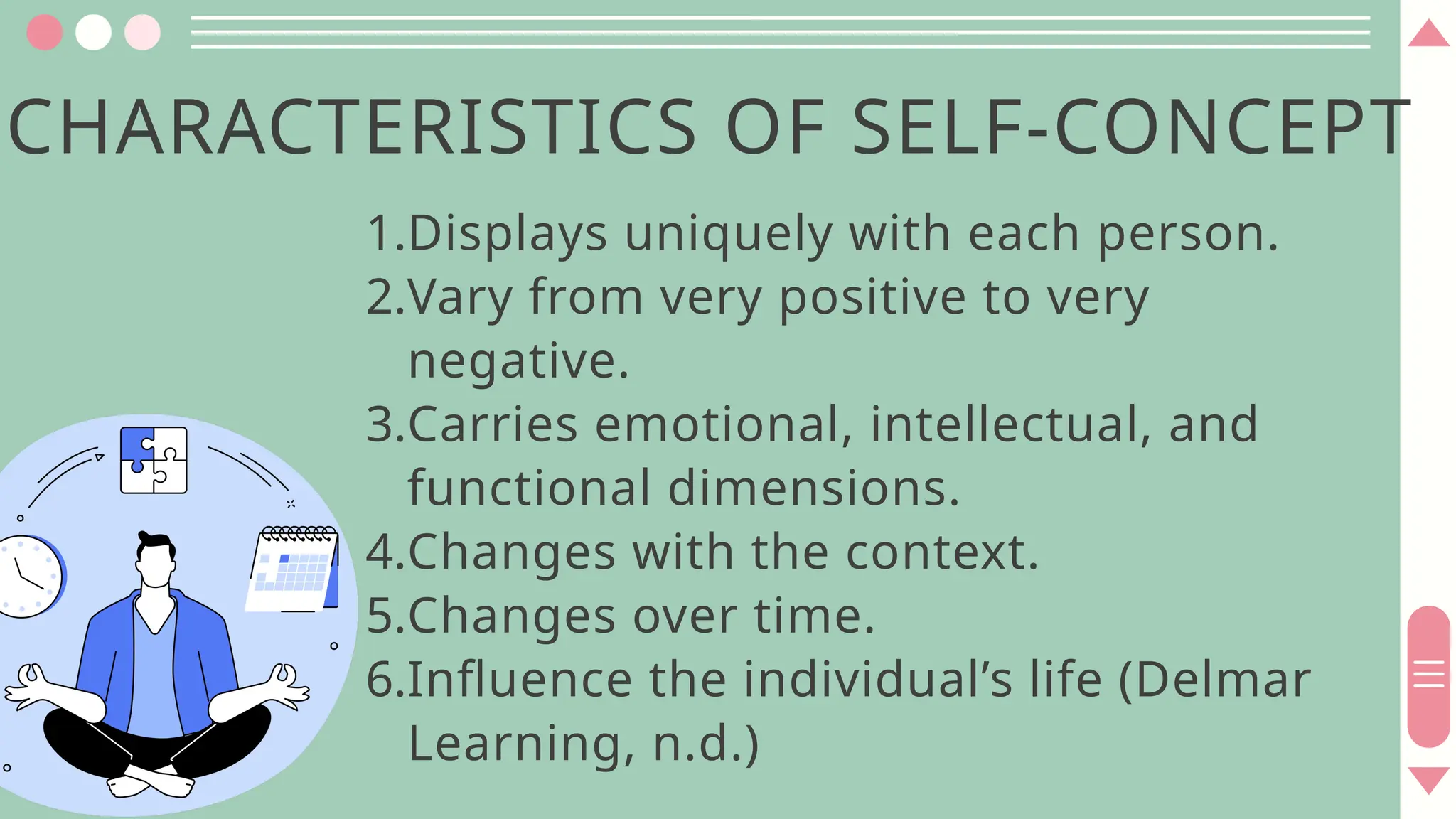 CHARACTERISTICS OF SELF-CONCEPT
1.Displays uniquely with each person.
2.Vary from very positive to very
negative.
3.Carries emotional, intellectual, and
functional dimensions.
4.Changes with the context.
5.Changes over time.
6.Influence the individual’s life (Delmar
Learning, n.d.)
 