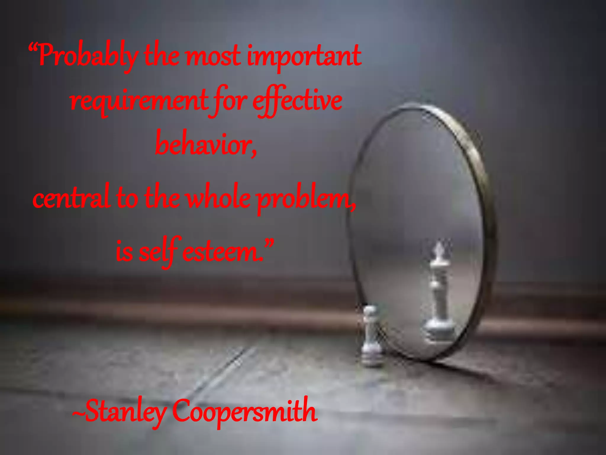 “Probably the most important
requirement for effective
behavior,
central to the whole problem,
is self esteem.”
~Stanley Coopersmith
 