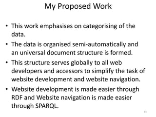 My Proposed Work
• This work emphasises on categorising of the
data.
• The data is organised semi-automatically and
an universal document structure is formed.
• This structure serves globally to all web
developers and accessors to simplify the task of
website development and website navigation.
• Website development is made easier through
RDF and Website navigation is made easier
through SPARQL.
15
 