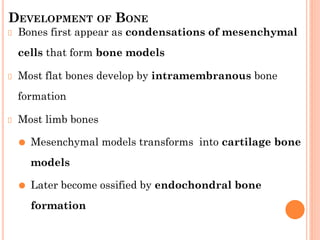 DEVELOPMENT OF BONE
Bones first appear as condensations of mesenchymal
cells that form bone models
Most flat bones develop by intramembranous bone
formation
Most limb bones
⚫ Mesenchymal models transforms into cartilage bone
models
⚫ Later become ossified by endochondral bone
formation
 