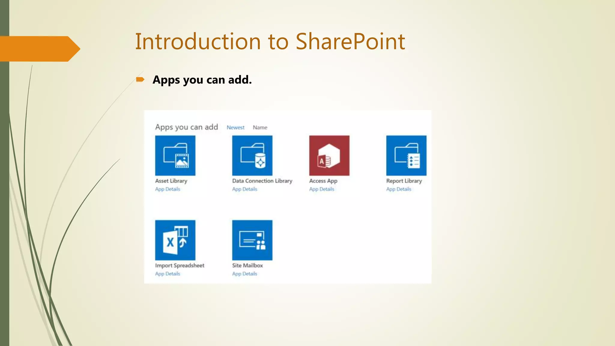 Introduction to SharePoint
 Apps you can add.
 