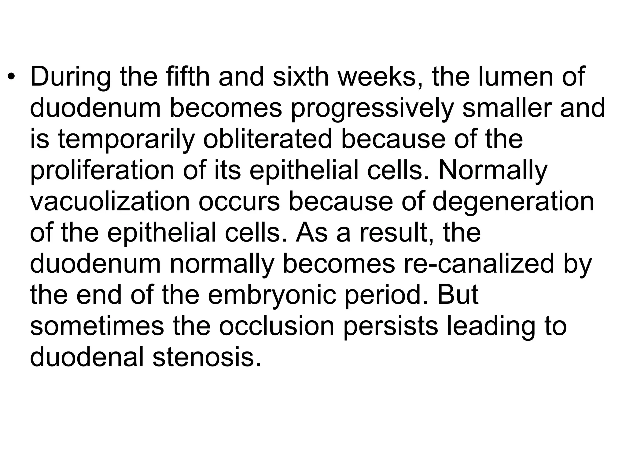 • During the fifth and sixth weeks, the lumen of
duodenum becomes progressively smaller and
is temporarily obliterated because of the
proliferation of its epithelial cells. Normally
vacuolization occurs because of degeneration
of the epithelial cells. As a result, the
duodenum normally becomes re-canalized by
the end of the embryonic period. But
sometimes the occlusion persists leading to
duodenal stenosis.
 