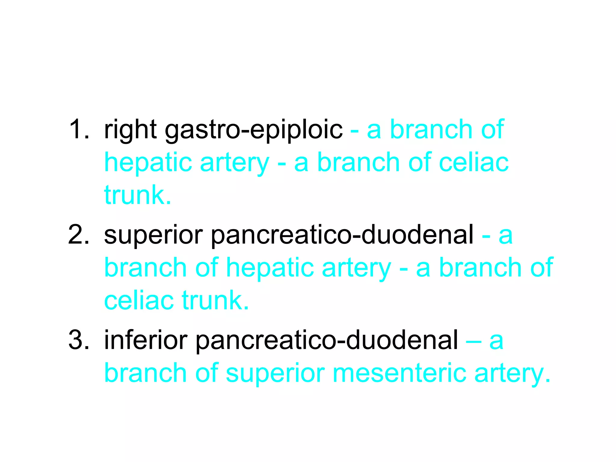 1. right gastro-epiploic - a branch of
hepatic artery - a branch of celiac
trunk.
2. superior pancreatico-duodenal - a
branch of hepatic artery - a branch of
celiac trunk.
3. inferior pancreatico-duodenal – a
branch of superior mesenteric artery.
 
