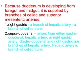 • Because duodenum is developing from
foregut and midgut, it is supplied by
branches of celiac and superior
mesenteric arteries.
1.right gastric - a branch of hepatic artery - a
branch of celiac trunk.
2.supra-duodenal – arises from either gastro-
duodenal, hepatic artery, or right gastric
artery. Gastro-duodenal and right gastric are
branches of hepatic artery. Hepatic artery is
branch of celiac trunk.
 