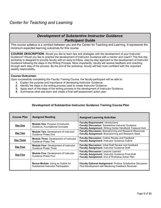Page 1 of 11
Center for Teaching and Learning
Development of Substantive Instructor Guidance
Participant Guide
This course syllabus is a contract between you and the Center for Teaching and Learning. It represents the
minimum expected learning outcomes for this course.
COURSE DESCRIPTION: Would you like to learn tips and strategies with the development of your Instructor
Guidance? Would you like to practice the development of Instructor Guidance with a mentor and coach? This five-day
workshop is designed to provide faculty with an easy-to-follow, step-by-step approach to the development of Instructor
Guidance following the steps in the Writing Process. More importantly, faculty will receive feedback and coaching
through each step of the process. By the end of the workshop, faculty will feel more confident with this important
weekly responsibility.
Course Outcomes:
Upon successfully completing this Faculty Training Course, the faculty participant will be able to:
1. Explain the purpose and importance of developing Instructor Guidance.
2. Identify the steps in the writing process used to create Instructor Guidance.
3. Apply each of the steps of the writing process to the development of Instructor Guidance.
4. Summarize what was learn and create a final self-assessment action plan.
Development of Substantive Instructor Guidance Training Course Plan
Course Plan Assigned Reading Assigned Learning Activities
Day One
Module One: Purpose of Instructor
Guidance, Foundational Concepts
Faculty Requirement: Introductions
Faculty Discussion: Substantive Instructor Guidance
Faculty Assignment: Writing Center Handbook Treasure Hunt
Day Two
Module Two: Development of Instructor
Guidance Phase One
Faculty Discussion: Brainstorming and Research Resources
Faculty Assignment: Brainstorming and Research Ideas
Day Three
Module Three: Development of Instructor
Guidance Phase Two
Faculty Discussion: Outline Review and Feedback
Faculty Assignment: Instructor Guidance Outline
Day Four
Module Four: Development of Instructor
Guidance Phase Three
Faculty Discussion: Initial Draft Review and Feedback
Faculty Assignment: Instructor Guidance Draft
Day Five
Module Five: Development of Instructor
Guidance Phase Four
Faculty Discussion: Lessons Learned
Faculty Assignment: Instructor Guidance Final Draft
Faculty Assignment: End of Workshop Action Plan
Bonus Module: Using an Outline for
Substantive Instructor Participation
Faculty Optional Assignment: Practice Substantive Discussion
Post Development with Mentoring Feedback Received
 