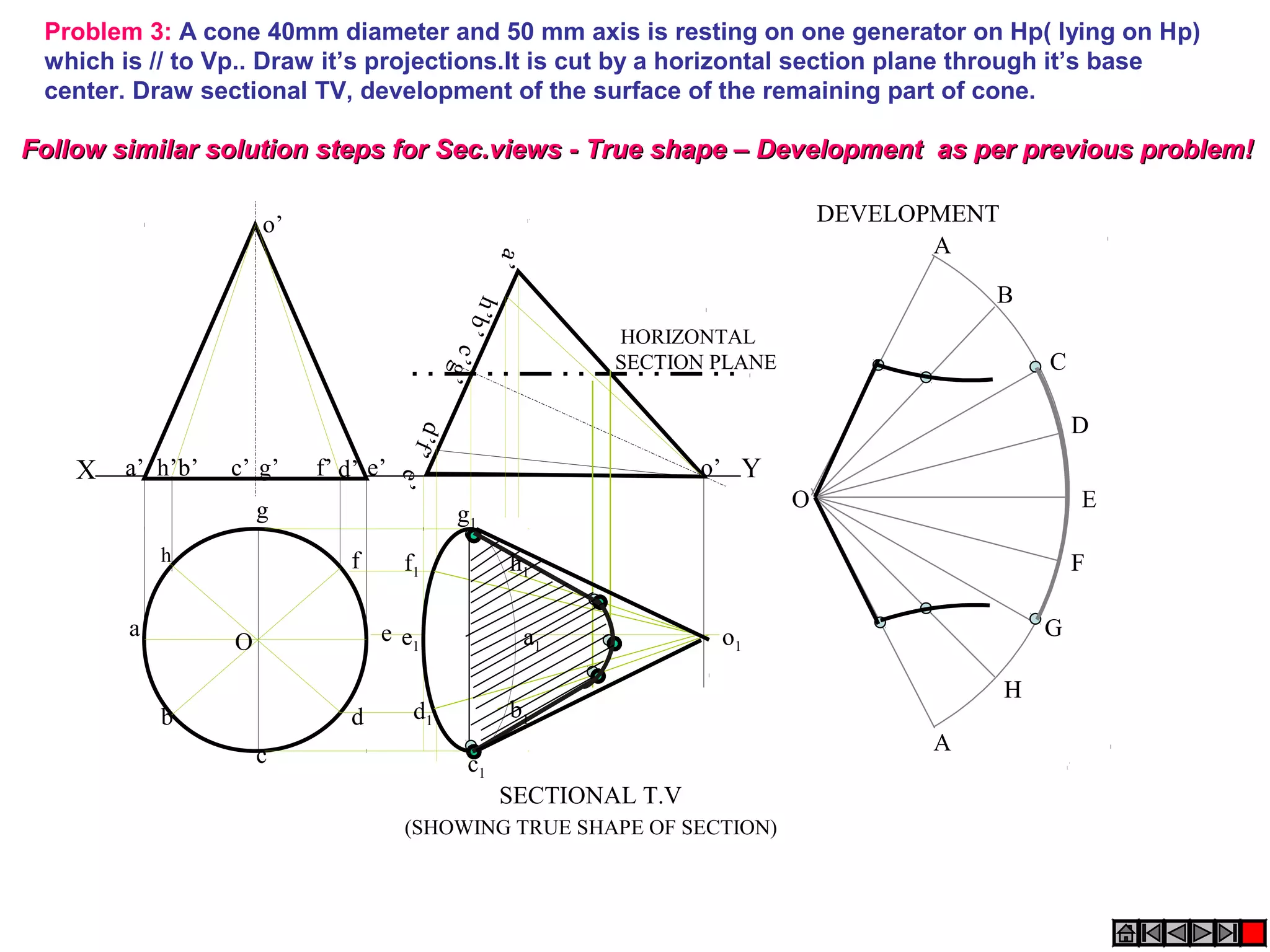 X Ye’a’ b’ d’c’ g’ f’h’
a’
h’b’
e’
c’g’
d’f’
o’
o’
Problem 3: A cone 40mm diameter and 50 mm axis is resting on one generator on Hp( lying on Hp)
which is // to Vp.. Draw it’s projections.It is cut by a horizontal section plane through it’s base
center. Draw sectional TV, development of the surface of the remaining part of cone.
A
B
C
D
E
F
A
G
H
O
a1
h1
g1
f1
e1
d1
c1
b1
o1
SECTIONAL T.V
DEVELOPMENT
(SHOWING TRUE SHAPE OF SECTION)
HORIZONTAL
SECTION PLANE
h
a
b
c
d
e
g
f
O
Follow similar solution steps for Sec.views - True shape – Development as per previous problem!Follow similar solution steps for Sec.views - True shape – Development as per previous problem!
 