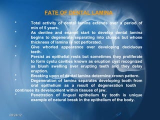 FATE OF DENTAL LAMINA
   *       Total activity of dental lamina extends over a period of
           min of 5 years.
   *       As dentine and enamel start to develop dental lamina
           begins to degenerate separating into clumps but whose
           thickness of lamina is not perforated.
   *       Give whorled appearance over developing deciduous
           teeth.
   *       Persist as epithelial rests but sometimes they proliferate
           to form cystu cavities known as eruption cyst recognized
           as blush swelling over erupting teeth and they delay
           eruption.
   *       Breaking upon of dental lamina determine crown pattern.
   *       Degeneration of lamina separates developing tooth from
           oral epithelium as a result of degeneration tooth
   continues its development within tissues of jaw.
   *       Penetration of lingual epithelium by tooth is unique
           example of natural break in the epithelium of the body.


09/24/12
 