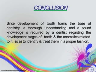 CONCLUSION
Since development of tooth forms
thorough understanding
the base of
and a sounddentistry, a
knowledge is required by a dentist regarding the
development stages of tooth & the anomalies related
to it, so asto identify & treat them in aproper fashion.
 