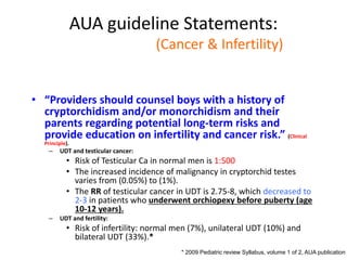 AUA guideline Statements:
Statement#16 (Cancer & Infertility)
• “Providers should counsel boys with a history of
cryptorchidism and/or monorchidism and their
parents regarding potential long-term risks and
provide education on infertility and cancer risk.” (Clinical
Principle).
– UDT and testicular cancer:
• Risk of Testicular Ca in normal men is 1:500
• The increased incidence of malignancy in cryptorchid testes
varies from (0.05%) to (1%).
• The RR of testicular cancer in UDT is 2.75-8, which decreased to
2-3 in patients who underwent orchiopexy before puberty (age
10-12 years).
– UDT and fertility:
• Risk of infertility: normal men (7%), unilateral UDT (10%) and
bilateral UDT (33%).*
* 2009 Pediatric review Syllabus, volume 1 of 2, AUA publication
 