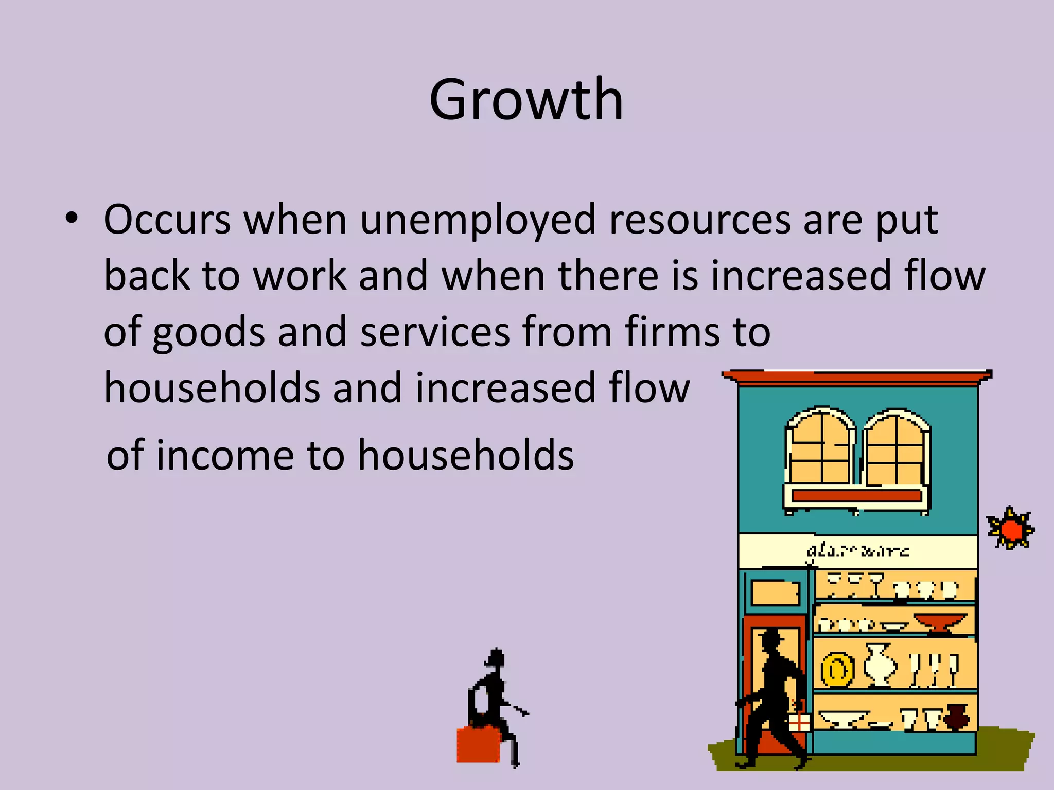 Growth
• Occurs when unemployed resources are put
  back to work and when there is increased flow
  of goods and services from firms to
  households and increased flow
  of income to households
 
