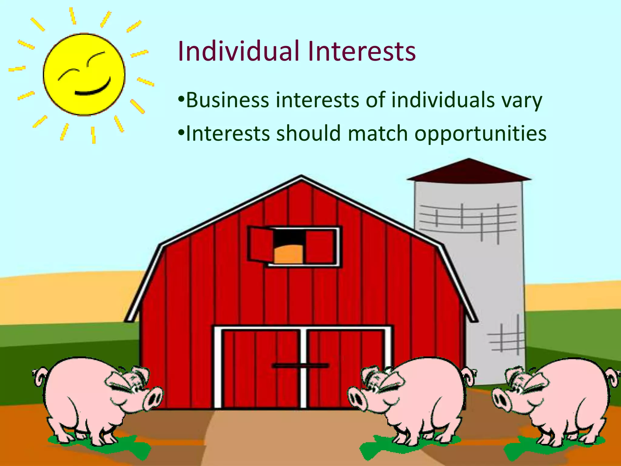 Individual Interests
•Business interests of individuals vary
•Interests should match opportunities
 