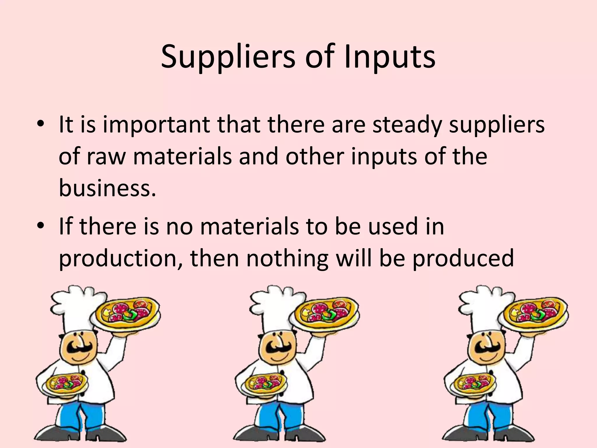 Suppliers of Inputs
• It is important that there are steady suppliers
  of raw materials and other inputs of the
  business.
• If there is no materials to be used in
  production, then nothing will be produced
 