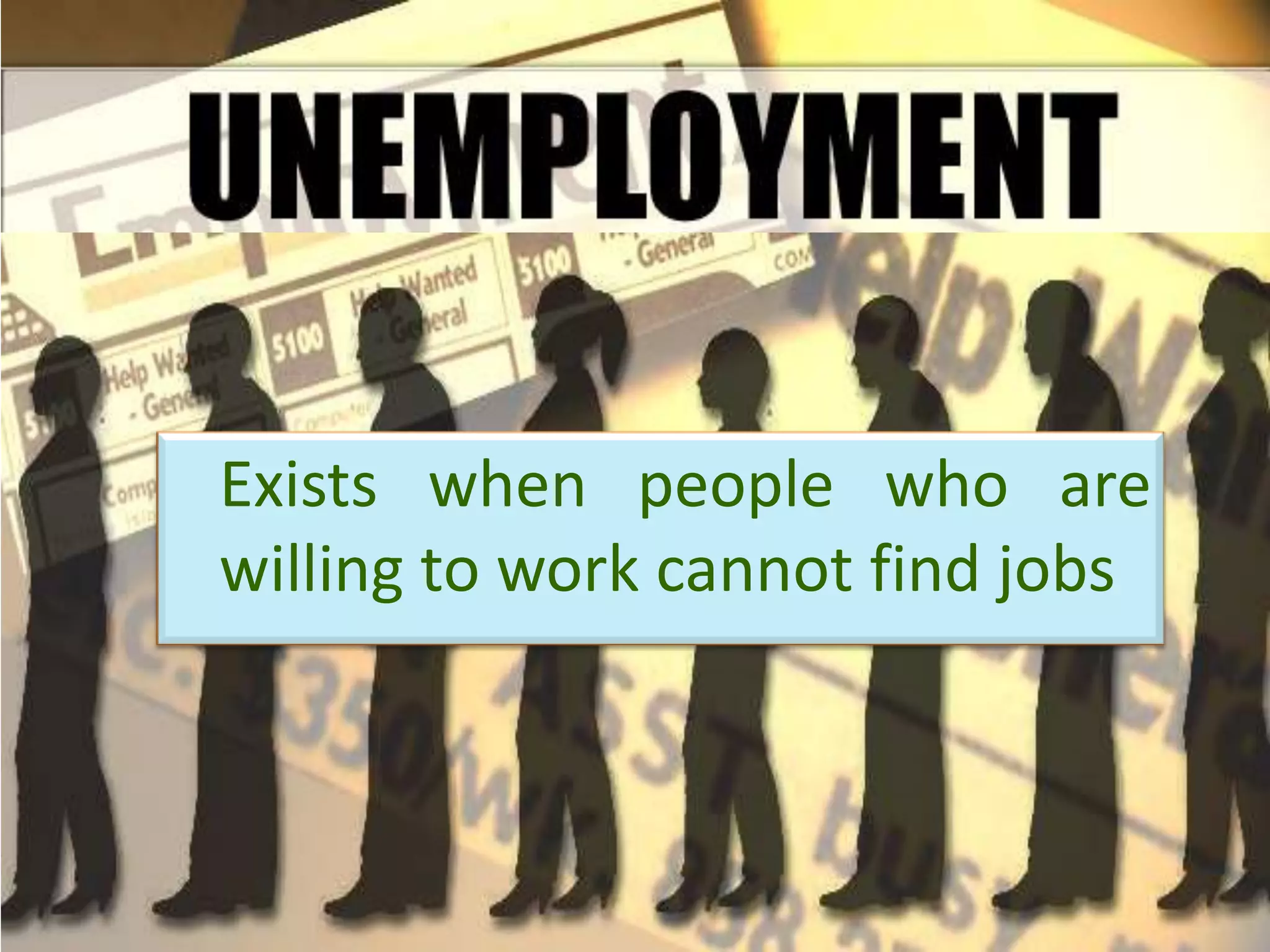 Exists when people who are
willing to work cannot find jobs
 