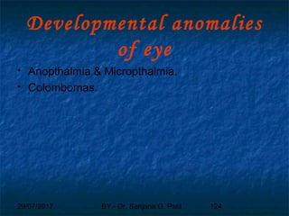 29/07/2017 BY - Dr. Sanjana G. Patil 124
Developmental anomalies
of eye
 Anopthalmia & Micropthalmia.
 Colombomas.
 