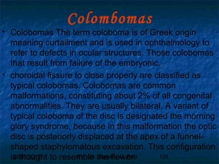 29/07/2017 BY - Dr. Sanjana G. Patil 128
Colombomas
 Colobomas The term coloboma is of Greek origin
meaning curtailment and is used in ophthalmology to
refer to defects in ocular structures. Those colobomas
that result from failure of the embryonic.
 choroidal fissure to close properly are classified as
typical colobomas. Colobomas are common
malformations, constituting about 2% of all congenital
abnormalities. They are usually bilateral. A variant of
typical coloboma of the disc is designated the morning
glory syndrome, because in this malformation the optic
disc is posteriorly displaced at the apex of a funnel-
shaped staphylomatous excavation. This configuration
is thought to resemble the flower.
 