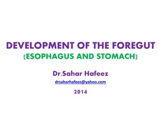 DEVELOPMENT OF THE FOREGUT (ESOPHAGUS AND STOMACH) 
Dr.Sahar Hafeez 
drsaharhafeez@yahoo.com 
2014  
