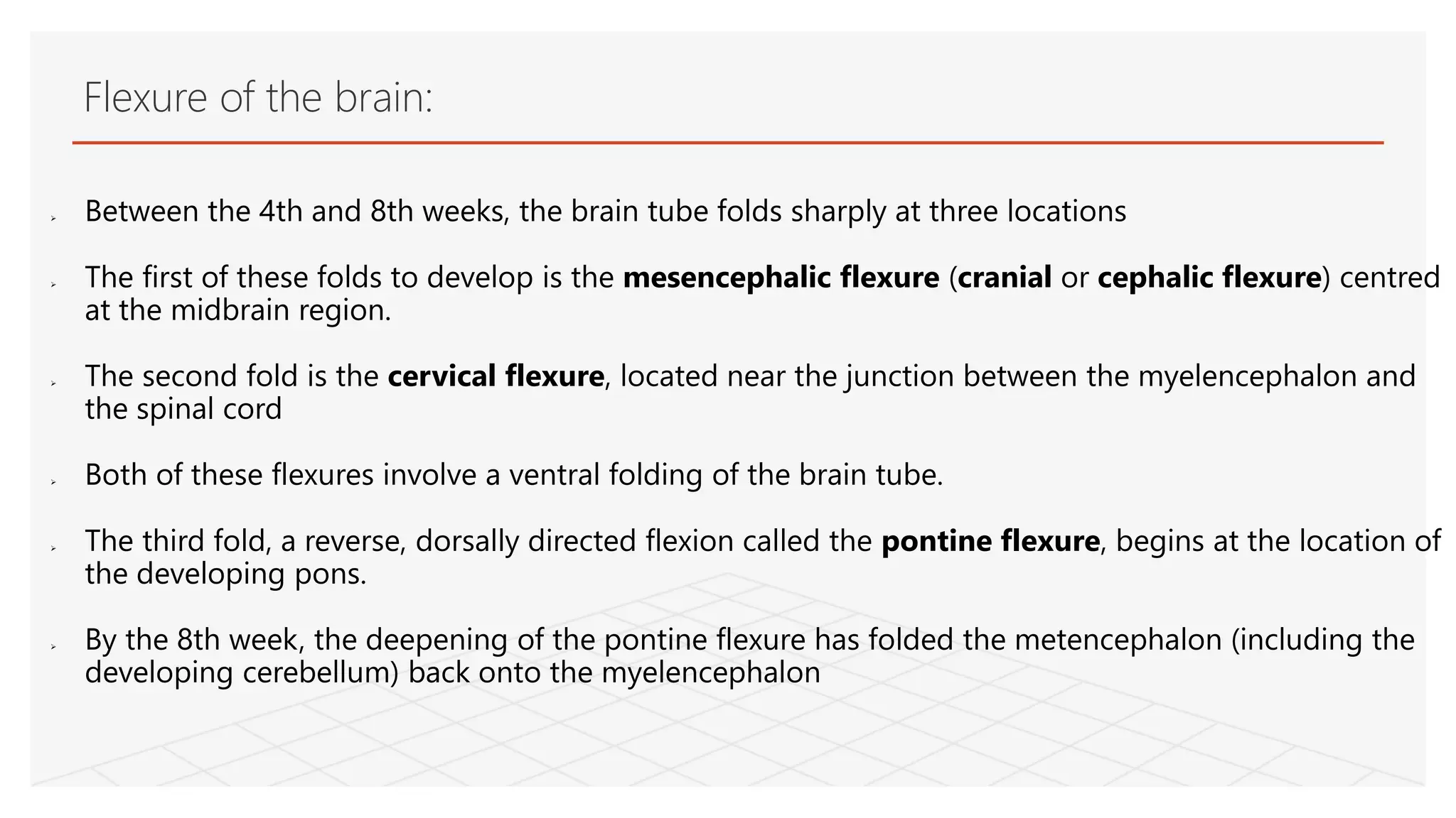 Flexure of the brain:
 Between the 4th and 8th weeks, the brain tube folds sharply at three locations
 The first of these folds to develop is the mesencephalic flexure (cranial or cephalic flexure) centred
at the midbrain region.
 The second fold is the cervical flexure, located near the junction between the myelencephalon and
the spinal cord
 Both of these flexures involve a ventral folding of the brain tube.
 The third fold, a reverse, dorsally directed flexion called the pontine flexure, begins at the location of
the developing pons.
 By the 8th week, the deepening of the pontine flexure has folded the metencephalon (including the
developing cerebellum) back onto the myelencephalon
 