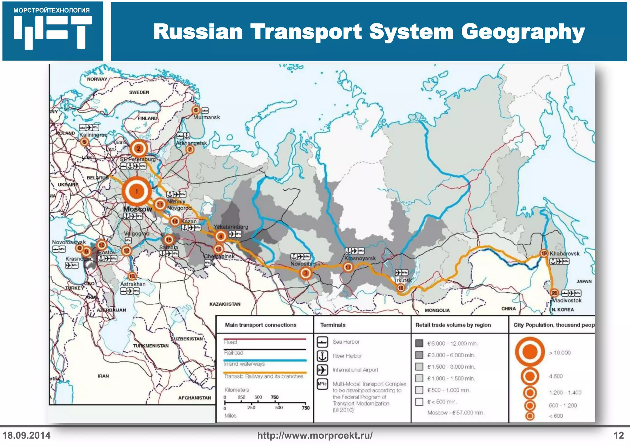 МОРСТРОЙТЕХНОЛОГИЯ 
Для продуктов нефтепереработки используется транспорт: 
Трубопроводный 
Железнодорожный 
Речной 
Russian Transport System Geography 
http://www.morproekt.ru/ 
12 
18.09.2014  