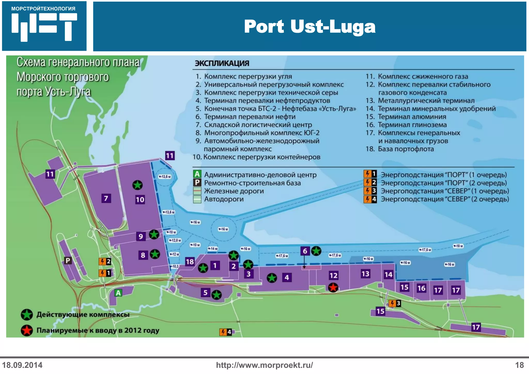 МОРСТРОЙТЕХНОЛОГИЯ 
Для продуктов нефтепереработки используется транспорт: 
Трубопроводный 
Железнодорожный 
Речной 
Port Ust-Luga 
http://www.morproekt.ru/ 
18 
18.09.2014  