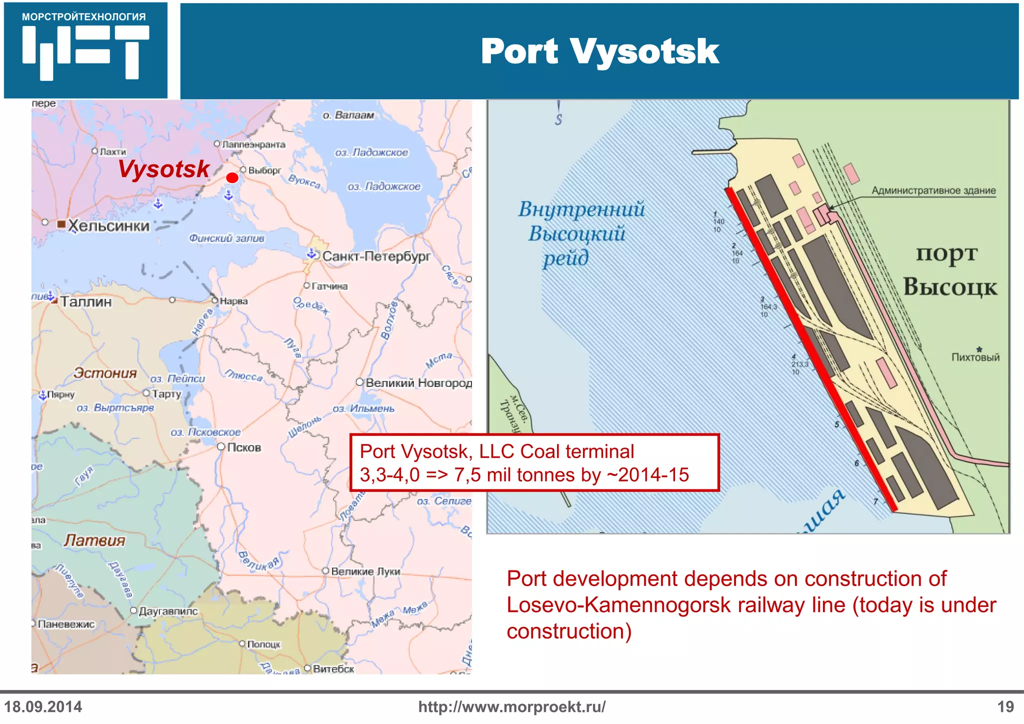 МОРСТРОЙТЕХНОЛОГИЯ 
Для продуктов нефтепереработки используется транспорт: 
Трубопроводный 
Железнодорожный 
Речной 
Port Vysotsk 
http://www.morproekt.ru/ 
19 
18.09.2014 
Vysotsk 
Port Vysotsk, LLC Coal terminal 
3,3-4,0 => 7,5 mil tonnes by ~2014-15 
Port development depends on construction of Losevo-Kamennogorsk railway line (today is under construction)  