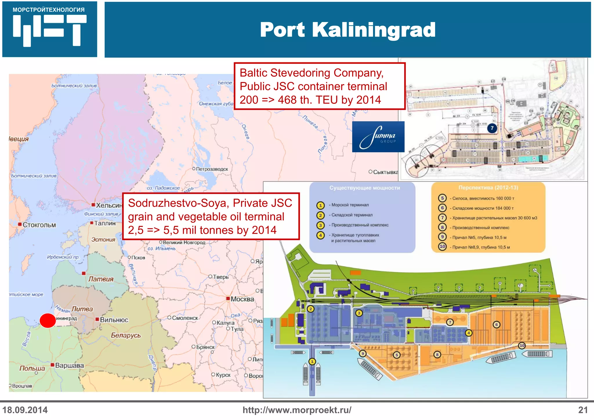 МОРСТРОЙТЕХНОЛОГИЯ 
Для продуктов нефтепереработки 
используется транспорт: 
 Трубопроводный 
 Железнодорожный 
 Речной 
Port Kaliningrad 
18.09.2014 http://www.morproekt.ru/ 21 
Baltic Stevedoring Company, 
Public JSC container terminal 
200 => 468 th. TEU by 2014 
Sodruzhestvo-Soya, Private JSC 
grain and vegetable oil terminal 
2,5 => 5,5 mil tonnes by 2014 
 