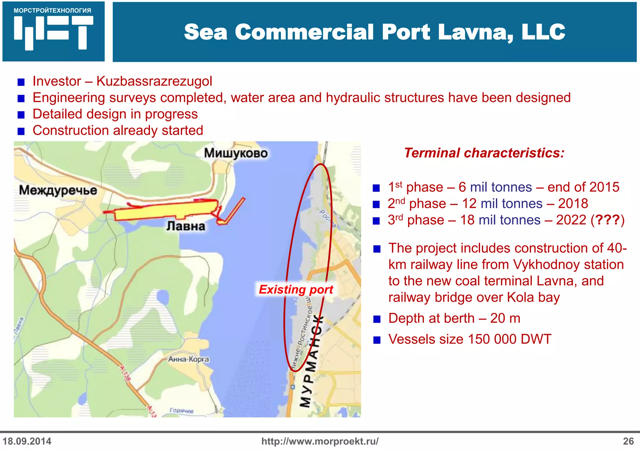 МОРСТРОЙТЕХНОЛОГИЯ 
Для продуктов нефтепереработки используется транспорт: 
Трубопроводный 
Железнодорожный 
Речной 
Sea Commercial Port Lavna, LLC 
http://www.morproekt.ru/ 
26 
18.09.2014 
Terminal characteristics: Investor – Kuzbassrazrezugol Engineering surveys completed, water area and hydraulic structures have been designed Detailed design in progress Construction already started 1st phase – 6 mil tonnes – end of 2015 2nd phase – 12 mil tonnes – 2018 3rd phase – 18 mil tonnes – 2022 (???) The project includes construction of 40- km railway line from Vykhodnoy station to the new coal terminal Lavna, and railway bridge over Kola bay Depth at berth – 20 m Vessels size 150 000 DWT 
Existing port  