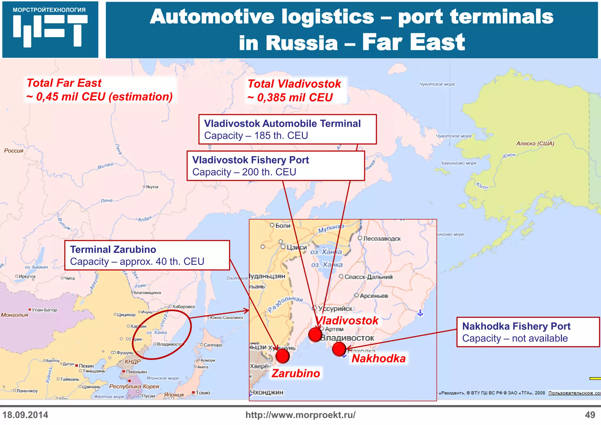 МОРСТРОЙТЕХНОЛОГИЯ 
Automotive logistics – port terminals in Russia – Far East 
http://www.morproekt.ru/ 
49 
18.09.2014 
Total Vladivostok 
~ 0,385 mil CEU 
Vladivostok 
Zarubino 
Nakhodka 
Vladivostok Automobile Terminal 
Capacity – 185 th. CEU 
Vladivostok Fishery Port 
Capacity – 200 th. CEU 
Nakhodka Fishery Port 
Capacity – not available 
Terminal Zarubino 
Capacity – approx. 40 th. CEU 
Total Far East 
~ 0,45 mil CEU (estimation)  
