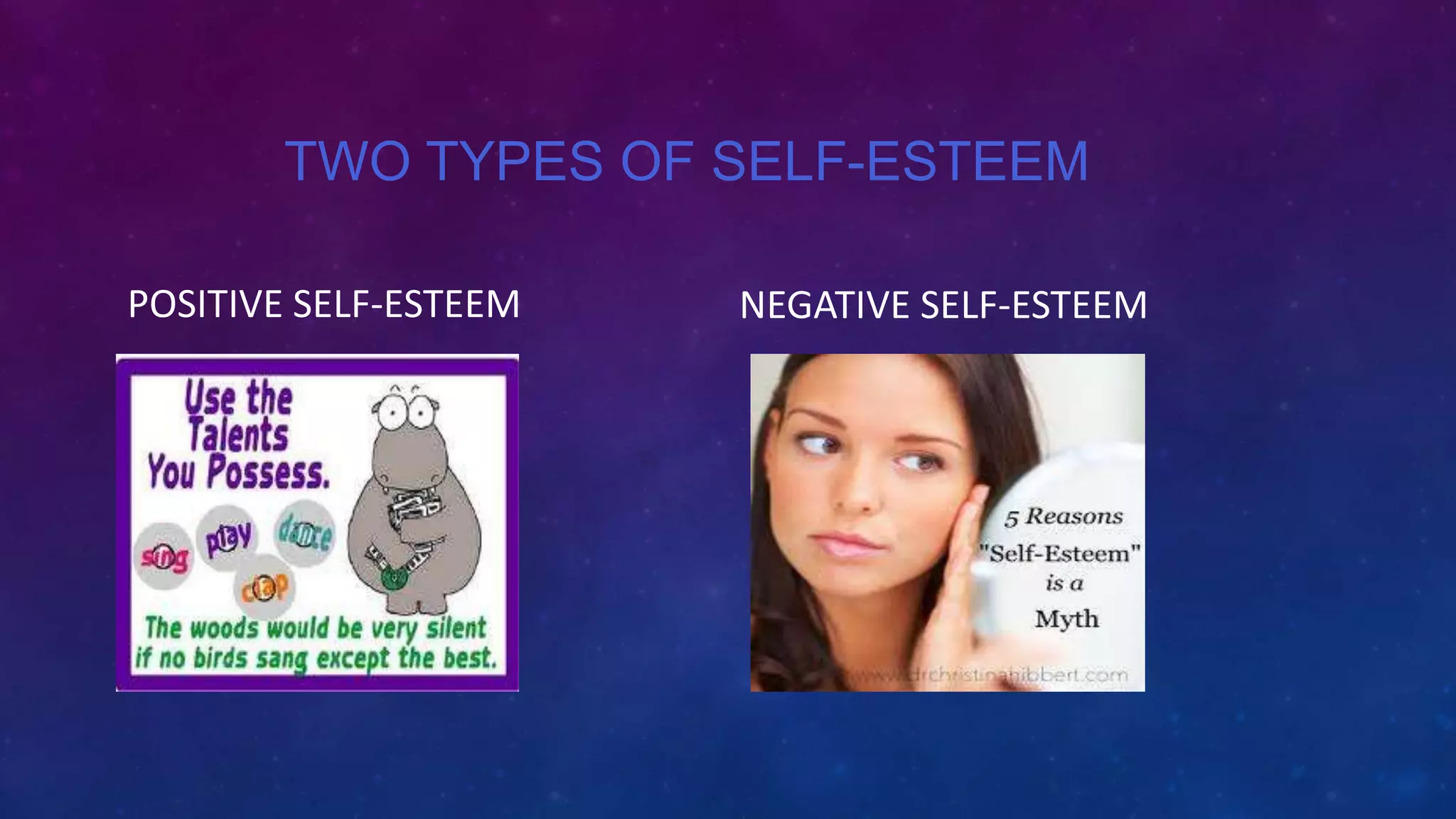 TWO TYPES OF SELF-ESTEEM
POSITIVE SELF-ESTEEM NEGATIVE SELF-ESTEEM
 