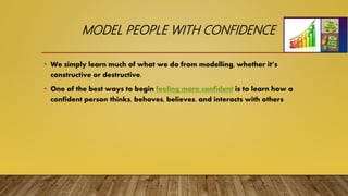 MODEL PEOPLE WITH CONFIDENCE
• We simply learn much of what we do from modelling, whether it’s
constructive or destructive.
• One of the best ways to begin feeling more confident is to learn how a
confident person thinks, behaves, believes, and interacts with others
 