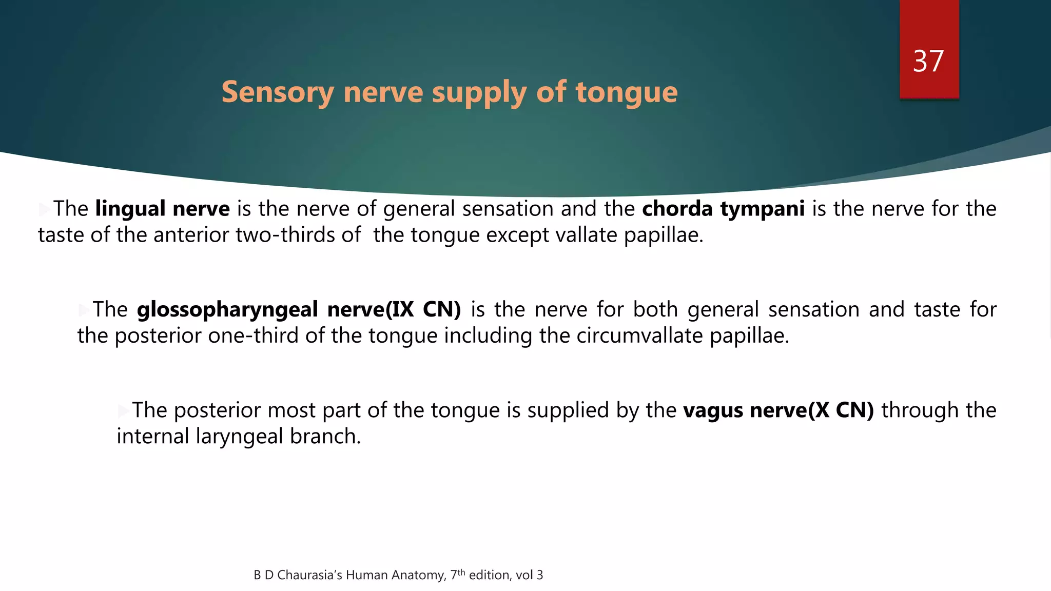 37
Sensory nerve supply of tongue
The lingual nerve is the nerve of general sensation and the chorda tympani is the nerve for the
taste of the anterior two-thirds of the tongue except vallate papillae.
The glossopharyngeal nerve(IX CN) is the nerve for both general sensation and taste for
the posterior one-third of the tongue including the circumvallate papillae.
The posterior most part of the tongue is supplied by the vagus nerve(X CN) through the
internal laryngeal branch.
B D Chaurasia’s Human Anatomy, 7th edition, vol 3
 