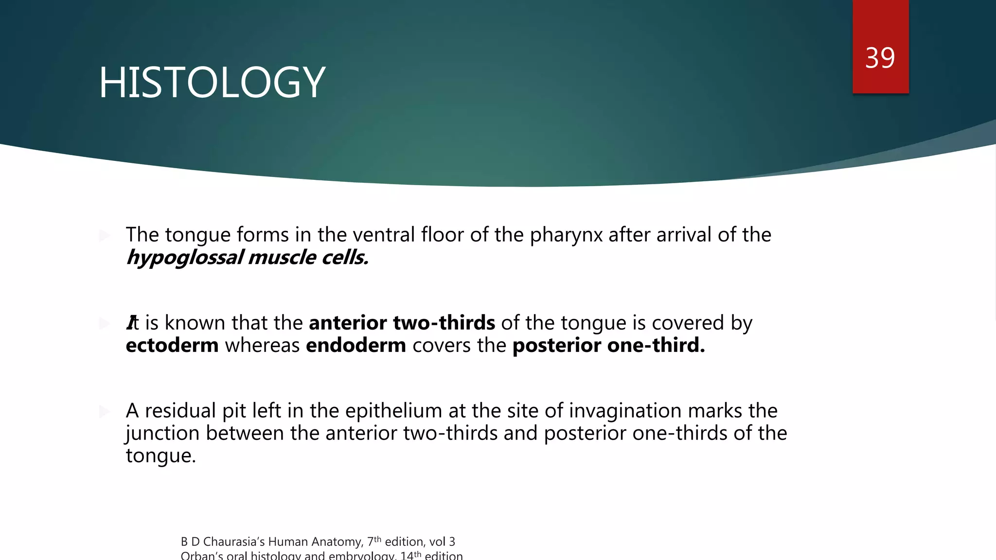 39
HISTOLOGY
 The tongue forms in the ventral floor of the pharynx after arrival of the
hypoglossal muscle cells.
 It is known that the anterior two-thirds of the tongue is covered by
ectoderm whereas endoderm covers the posterior one-third.
 A residual pit left in the epithelium at the site of invagination marks the
junction between the anterior two-thirds and posterior one-thirds of the
tongue.
B D Chaurasia’s Human Anatomy, 7th edition, vol 3
th
 