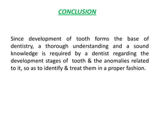 CONCLUSION
Since development of tooth forms the base of
dentistry, a thorough understanding and a sound
knowledge is required by a dentist regarding the
development stages of tooth & the anomalies related
to it, so as to identify & treat them in a proper fashion.
 