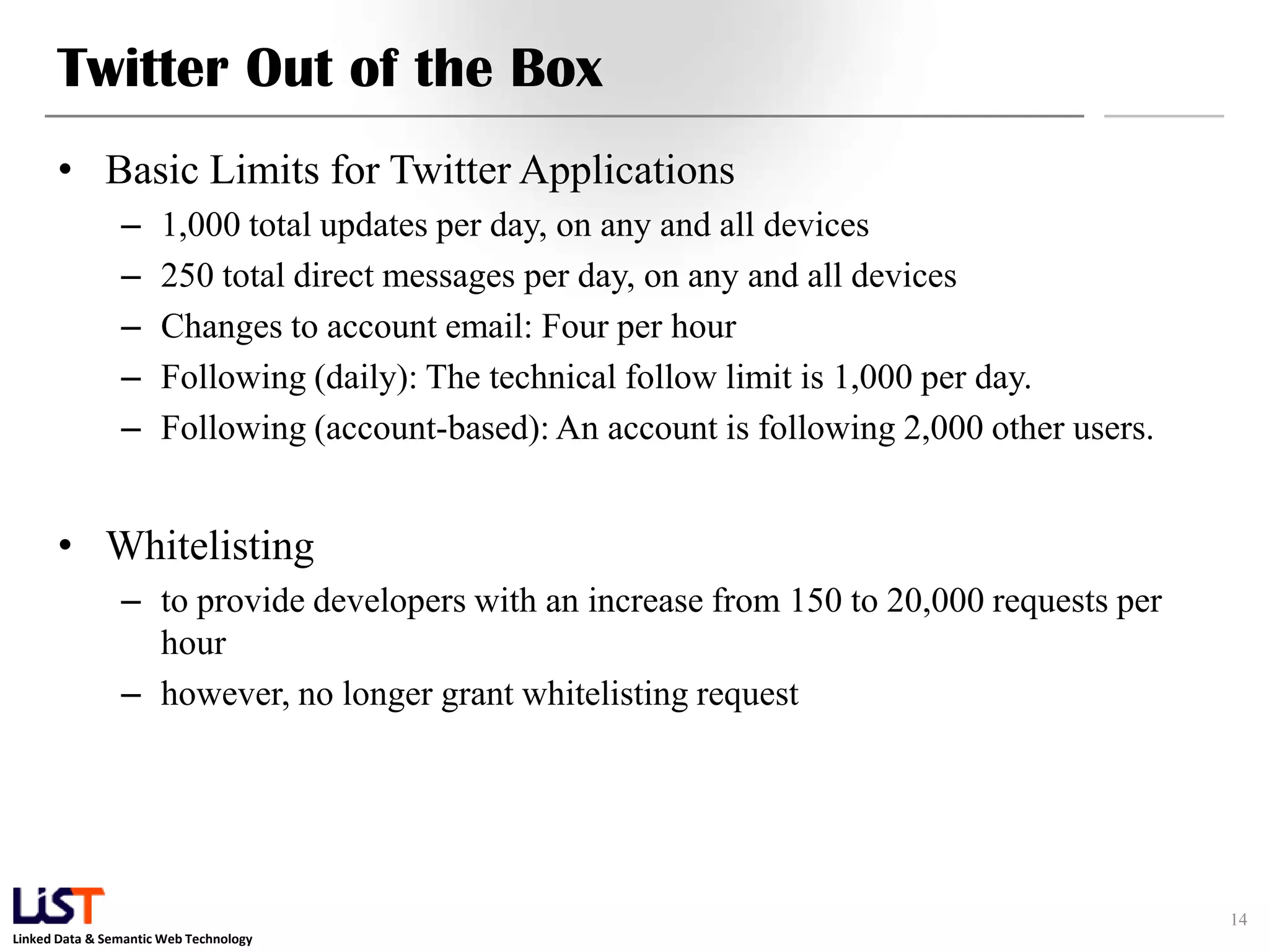 Twitter Out of the Box • Basic Limits for Twitter Applications – 1,000 total updates per day, on any and all devices – 250 total direct messages per day, on any and all devices – Changes to account email: Four per hour – Following (daily): The technical follow limit is 1,000 per day. – Following (account-based): An account is following 2,000 other users. • Whitelisting – to provide developers with an increase from 150 to 20,000 requests per hour – however, no longer grant whitelisting request 14 Linked Data & Semantic Web Technology 