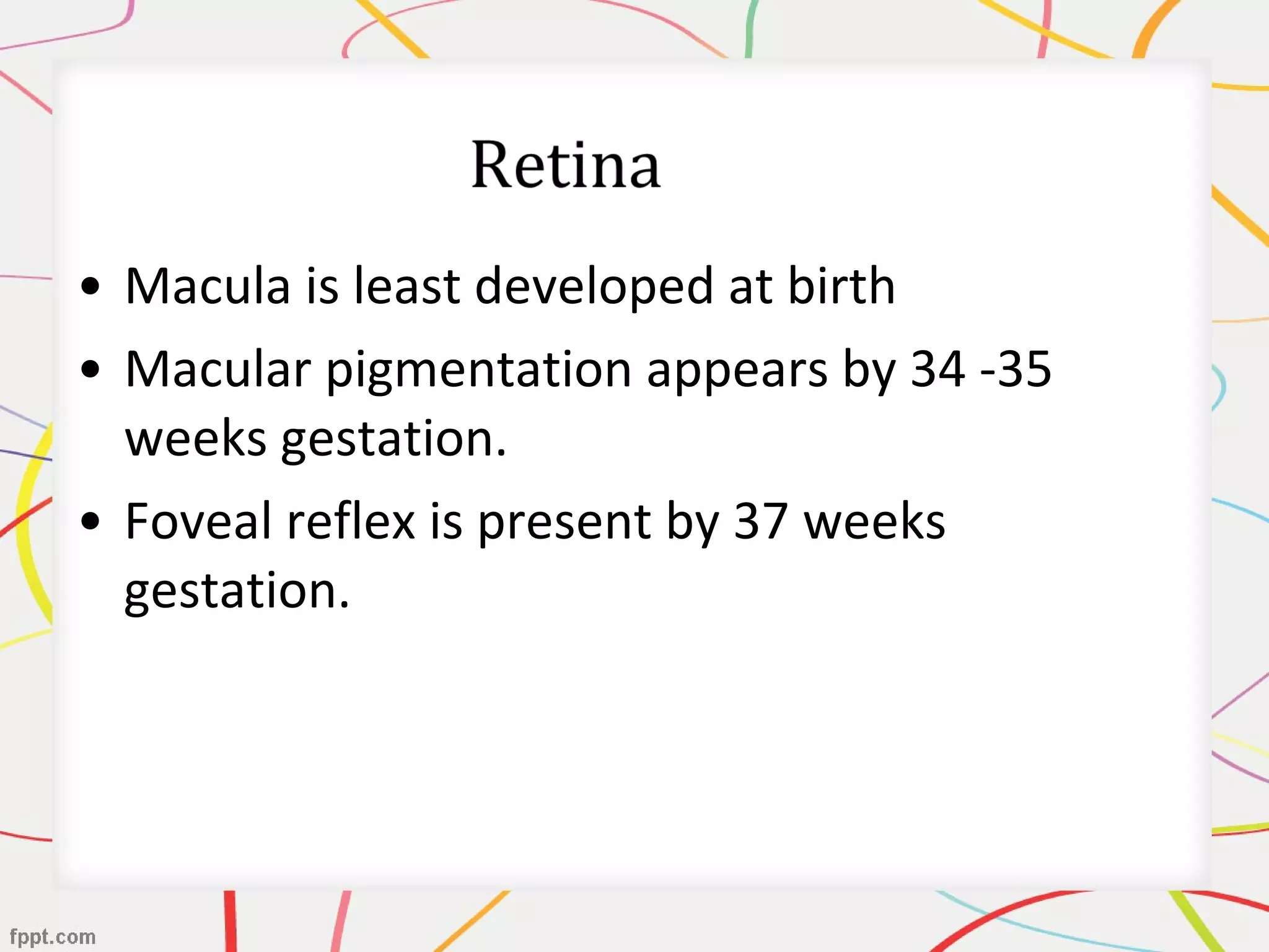 • Macula is least developed at birth
• Macular pigmentation appears by 34 -35
weeks gestation.
• Foveal reflex is present by 37 weeks
gestation.
 