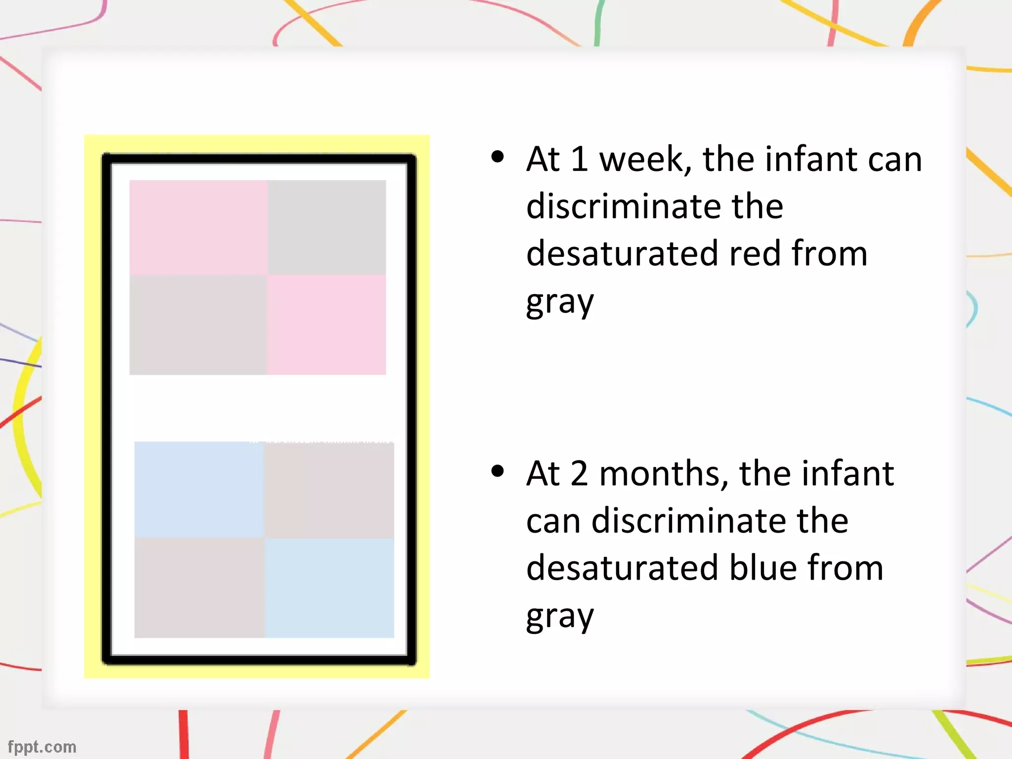 • At 1 week, the infant can
discriminate the
desaturated red from
gray
• At 2 months, the infant
can discriminate the
desaturated blue from
gray
 