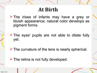 At Birth
 The irises of infants may have a grey or
bluish appearance; natural color develops as
pigment forms.
 The eyes' pupils are not able to dilate fully
yet.
 The curvature of the lens is nearly spherical.
 The retina is not fully developed.
 