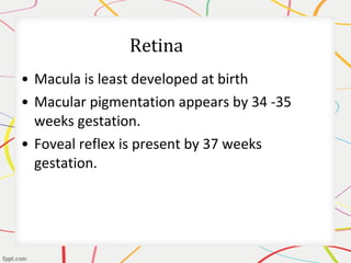 • Macula is least developed at birth
• Macular pigmentation appears by 34 -35
weeks gestation.
• Foveal reflex is present by 37 weeks
gestation.
 