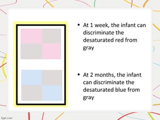 • At 1 week, the infant can
discriminate the
desaturated red from
gray
• At 2 months, the infant
can discriminate the
desaturated blue from
gray
 