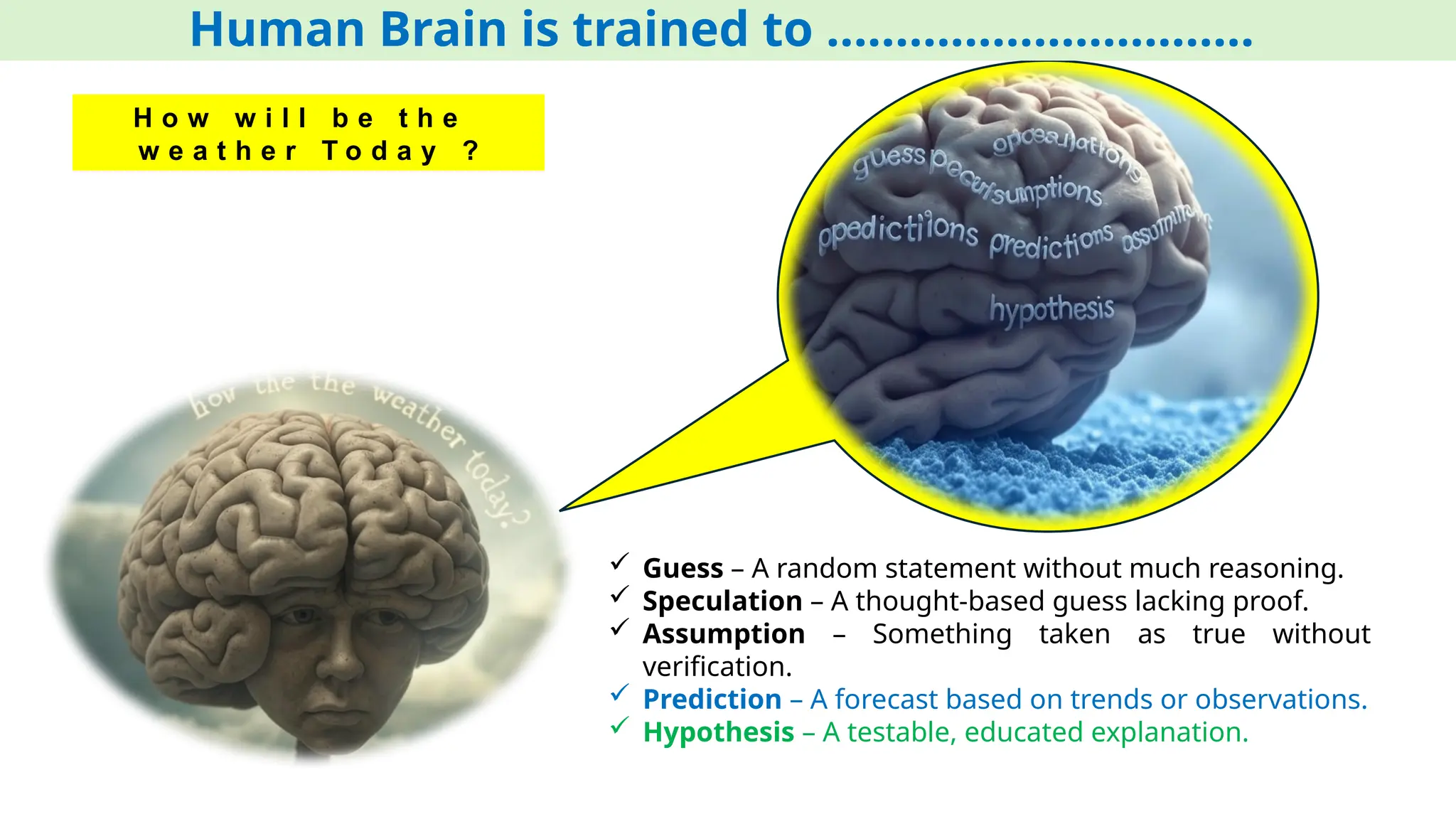  Guess – A random statement without much reasoning.
 Speculation – A thought-based guess lacking proof.
 Assumption – Something taken as true without
verification.
 Prediction – A forecast based on trends or observations.
 Hypothesis – A testable, educated explanation.
H o w w i l l b e t h e
w e a t h e r T o d a y ?
Human Brain is trained to ………………………….
 